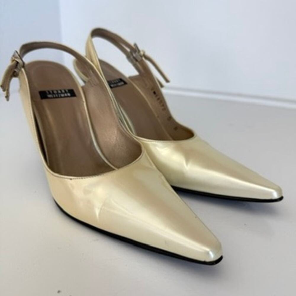 STUART WEITZMAN Slingback Heels Ivory Patent Leather Pointed Toe Size 5 Evening - Picture 2 of 11